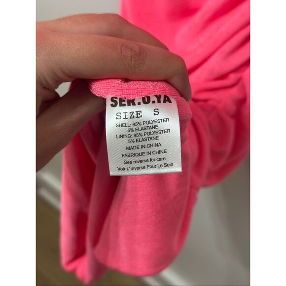 NWT SER.O.YA Delta Neon Pink High Neck Bodycon Ruched Dress Women's Small - Picture 5 of 12
